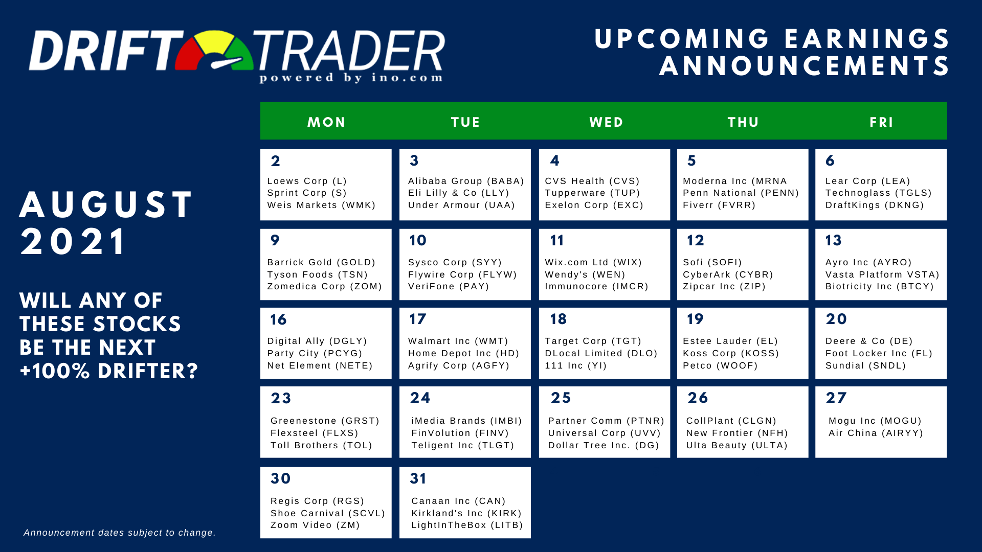 Earnings Calendar for August 2021